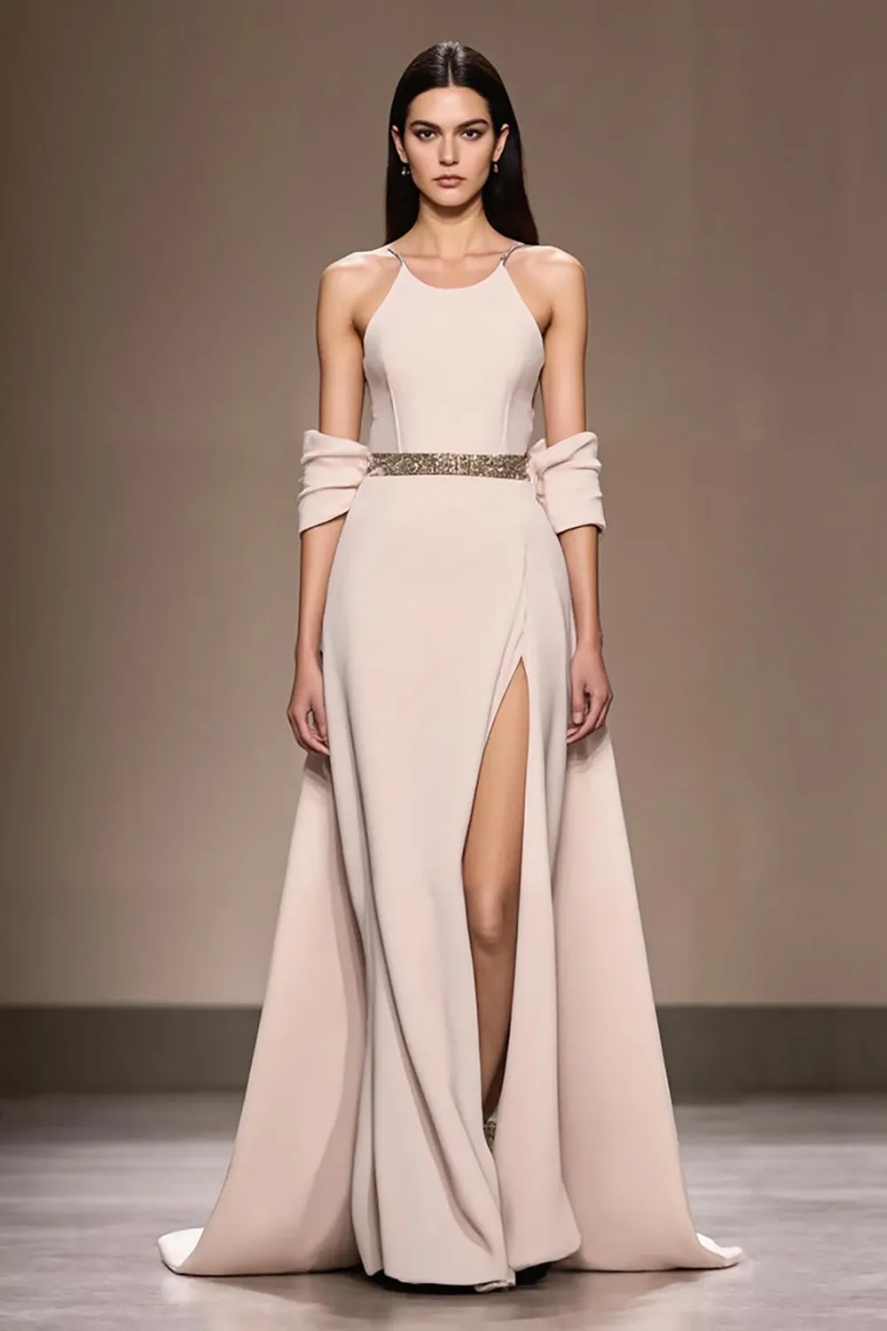Ivory Satin A-Line Cold Shoulder Long Evening Dress with Slit sold by Zapaka