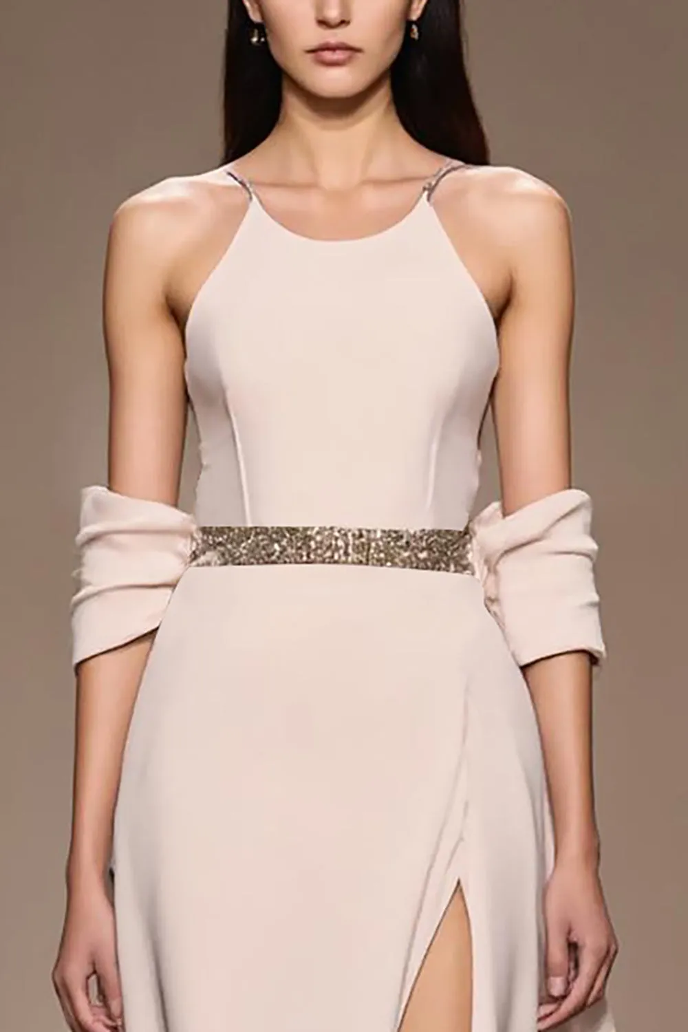 Ivory Satin A-Line Cold Shoulder Long Evening Dress with Slit sold by Zapaka product image thumbnail 3