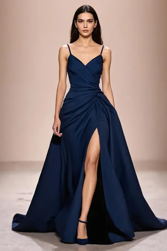 Dark Blue Spaghetti Straps Satin A-Line Ruched Evening Dress with Slit sold by Zapaka