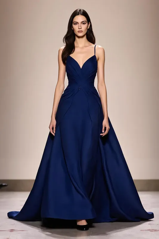 Dark Blue Spaghetti Straps Satin A-Line Evening Dress sold by Zapaka