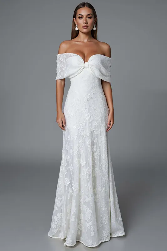 Ivory Mermaid Off The Shoulder Evening Dress With Lace sold by Zapaka