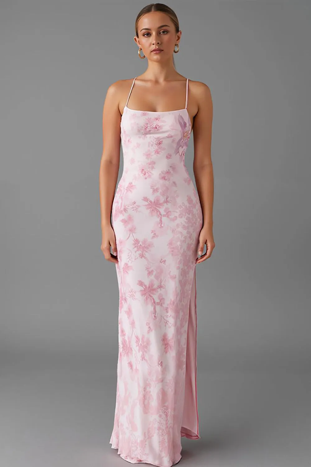 Light Pink Spaghetti Straps Sheath Printed Evening Dress With Slit sold by Zapaka