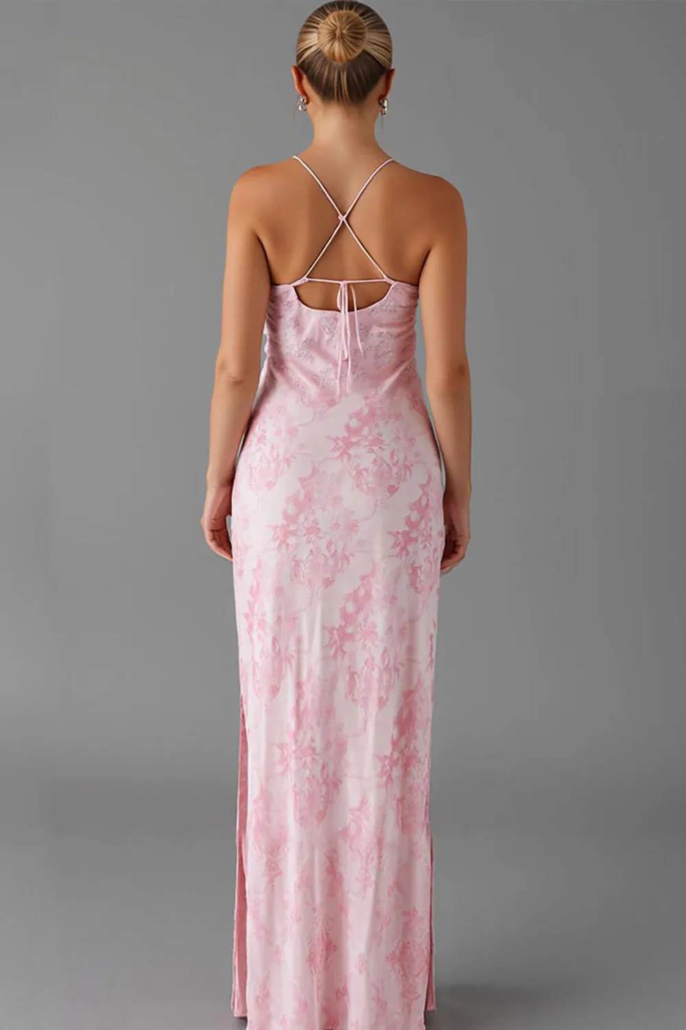 Light Pink Spaghetti Straps Sheath Printed Evening Dress With Slit sold by Zapaka product image thumbnail 2