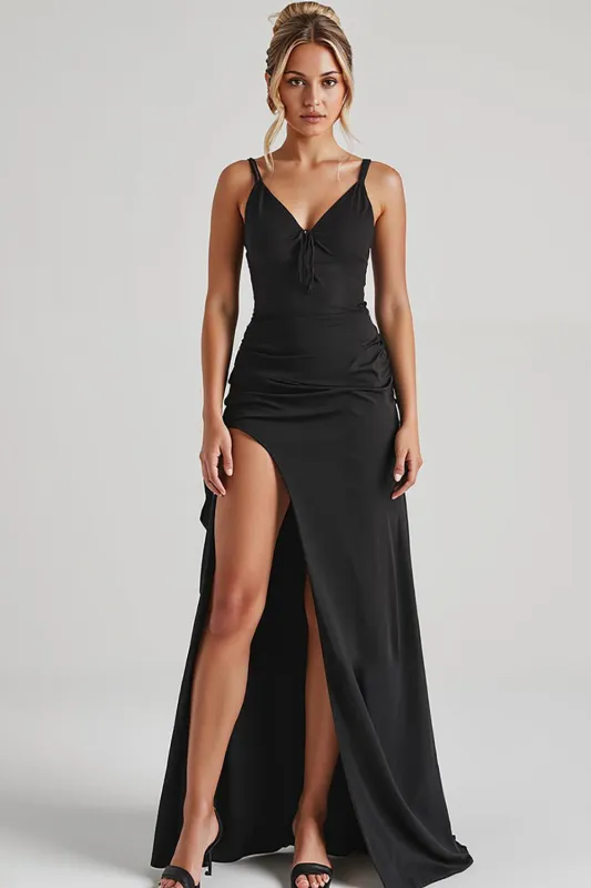 Black Sheath Spaghetti Straps Evening Dress With Slit sold by Zapaka