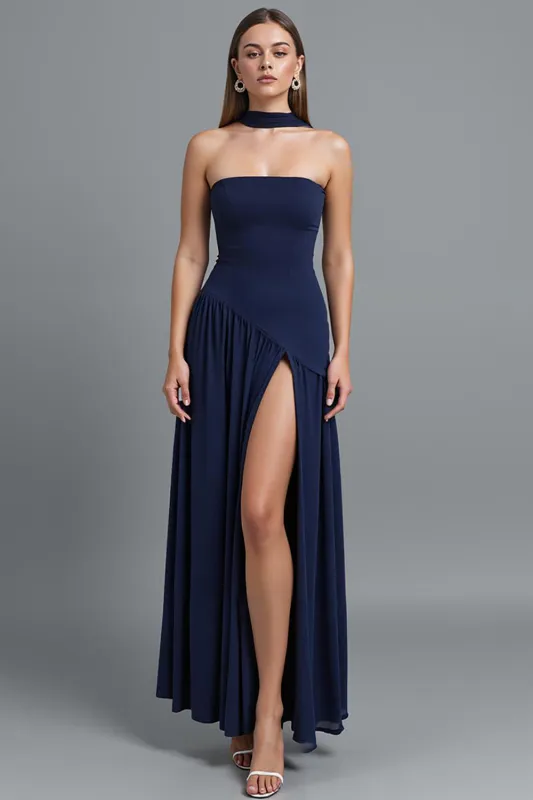 Dark Blue Strapless Sheath Evening Dress With Slit sold by Zapaka
