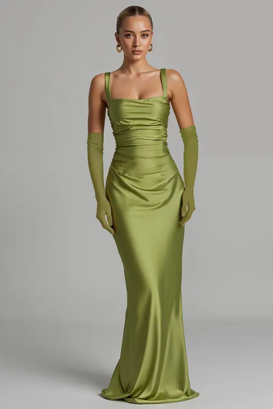 Mermaid Sage Green Satin Ruched Evening Dress sold by Zapaka