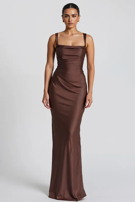 Coffee Mermaid Spaghetti Straps Maxi Evening Dress sold by Zapaka