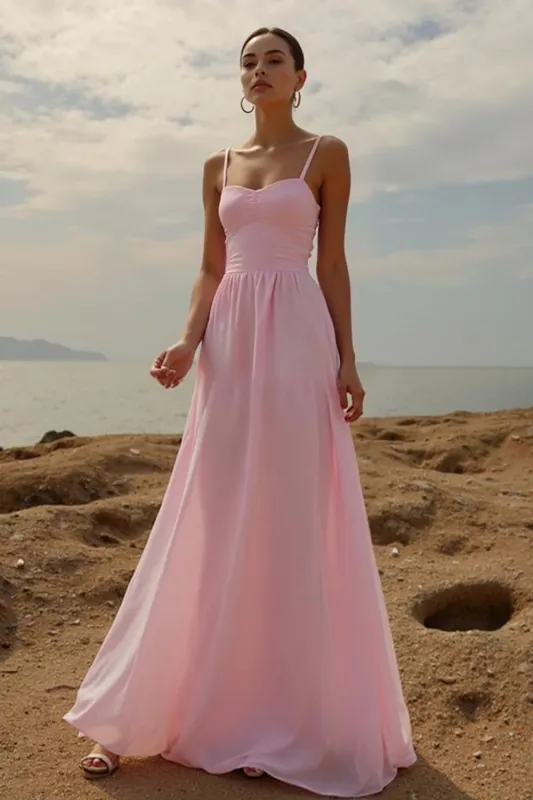 Pink A-Line Spaghetti Straps Maxi Evening Dress sold by Zapaka