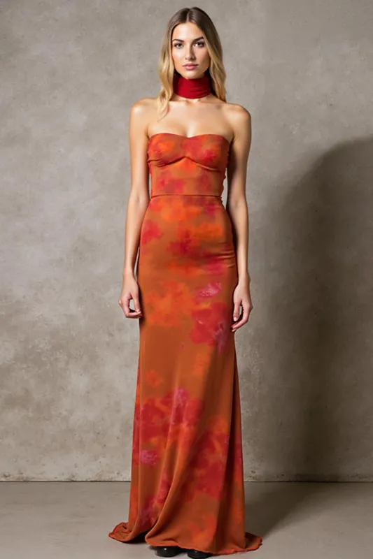 Sheath Cabernet Strapless Printed Maxi Evening Dress With Sash sold by Zapaka