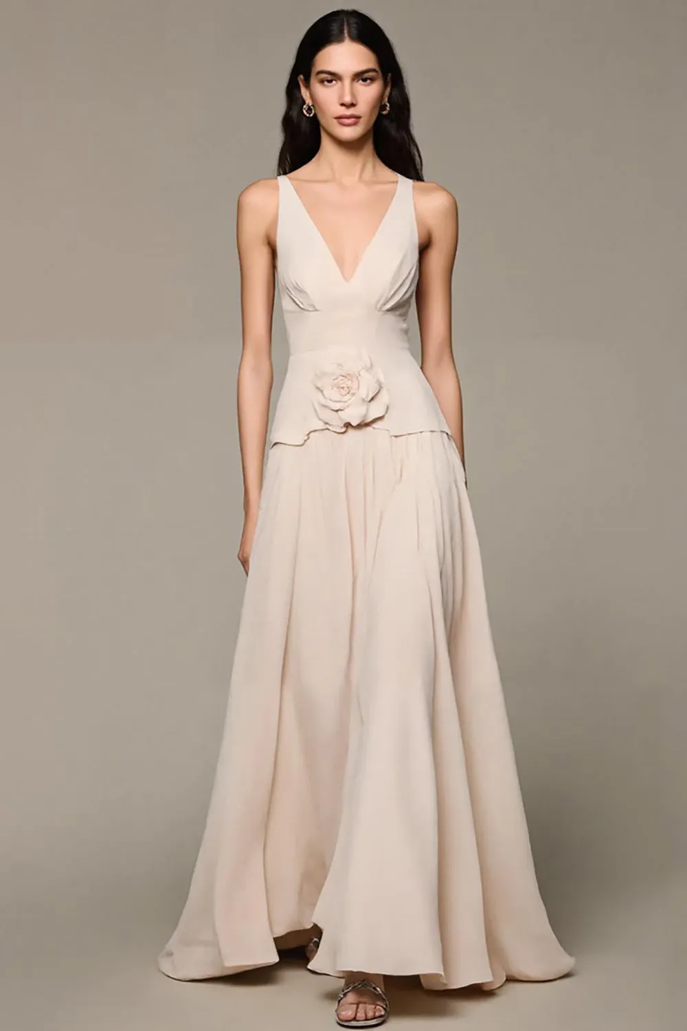 Apricot A-Line V-Neck Long Evening Dress With 3D Flowers sold by Zapaka