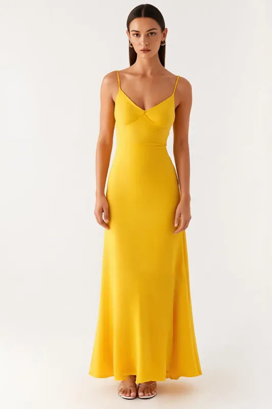 Sheath Yellow Satin Spaghetti Straps Evening Dress sold by Zapaka