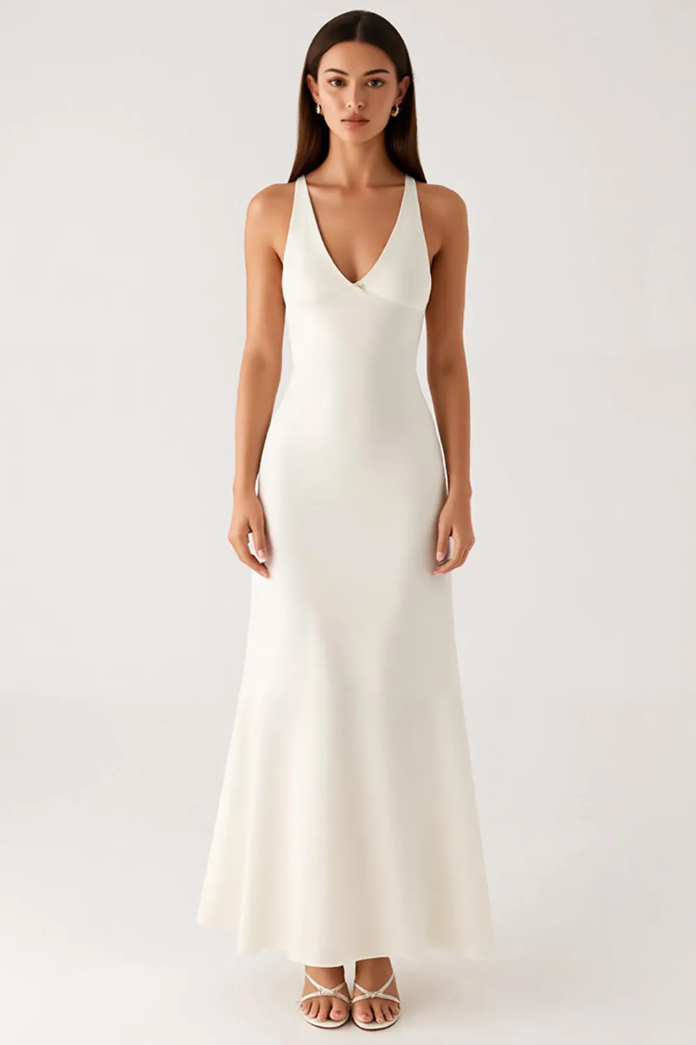 Ivory Sheath V-Neck Ankle-Length Evening Dress sold by Zapaka