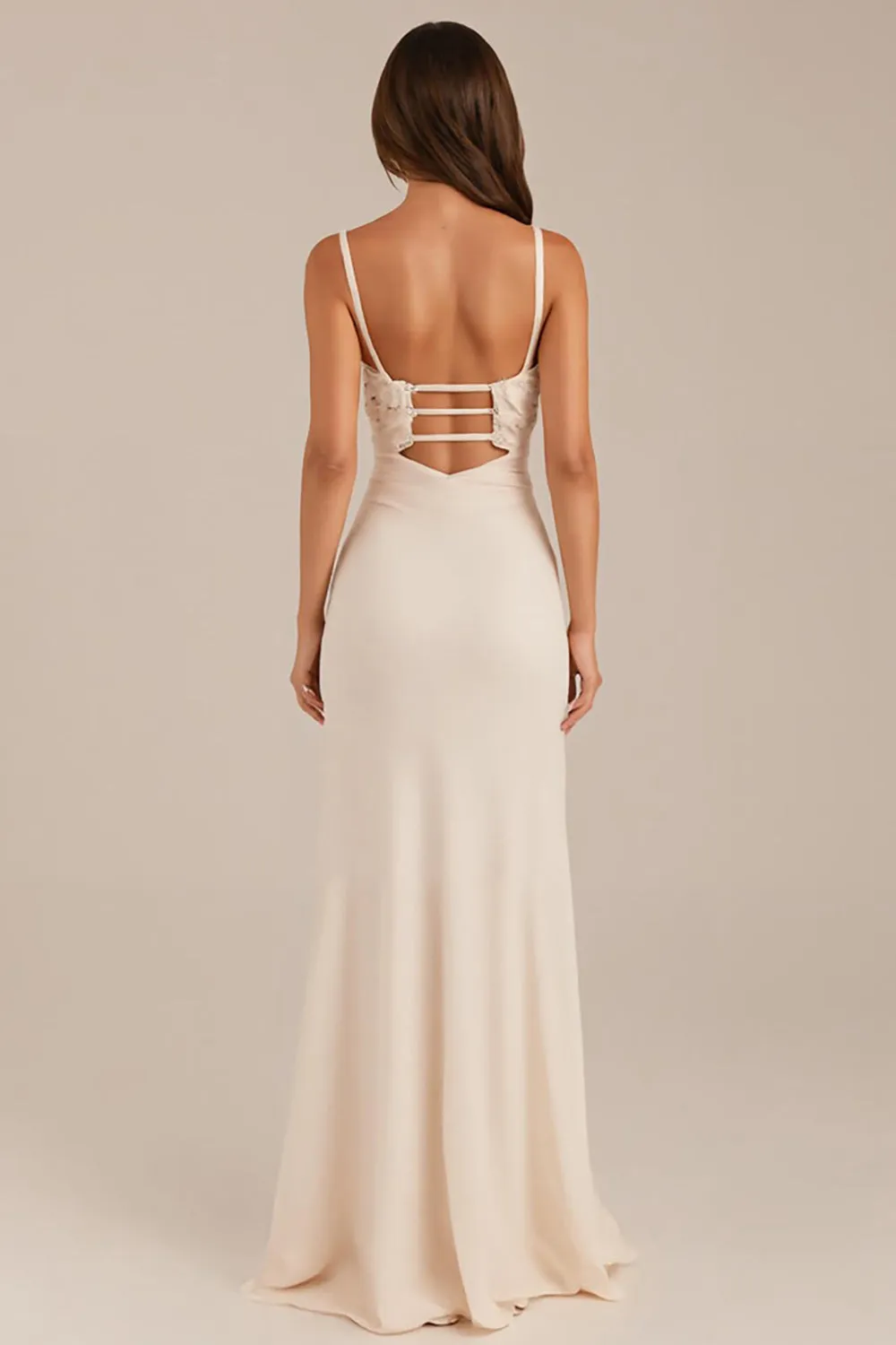 Ivory Sheath Ruched Spaghetti Straps Evening Dress with Slit sold by Zapaka product image thumbnail 2