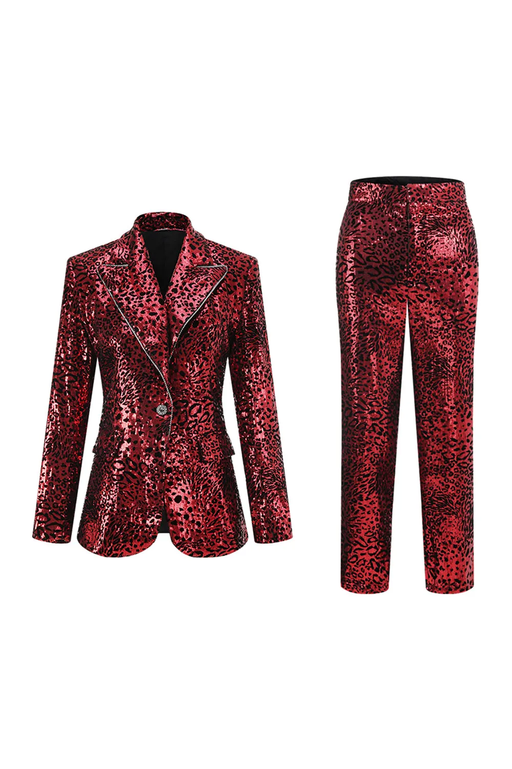 Red Leopard Sequin 2 Piece Peak Lapel Women's Prom Suit sold by Zapaka