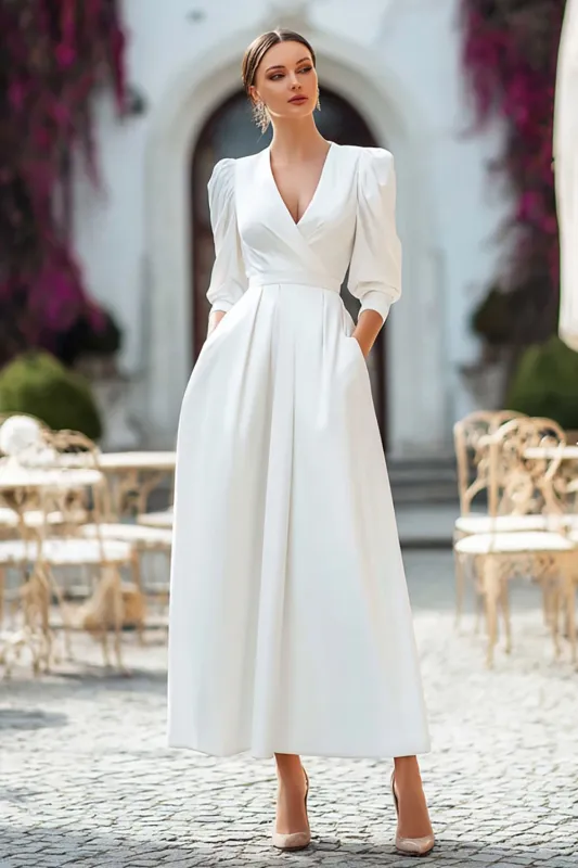 Ivory V Neck A Line Satin Engagement Dress sold by Zapaka