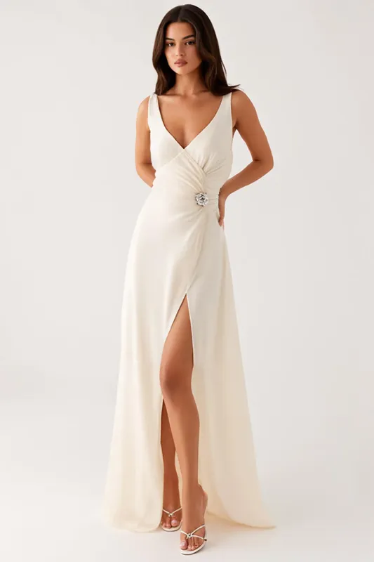 Sheath V-Neck Ivory Evening Dress With Slit sold by Zapaka