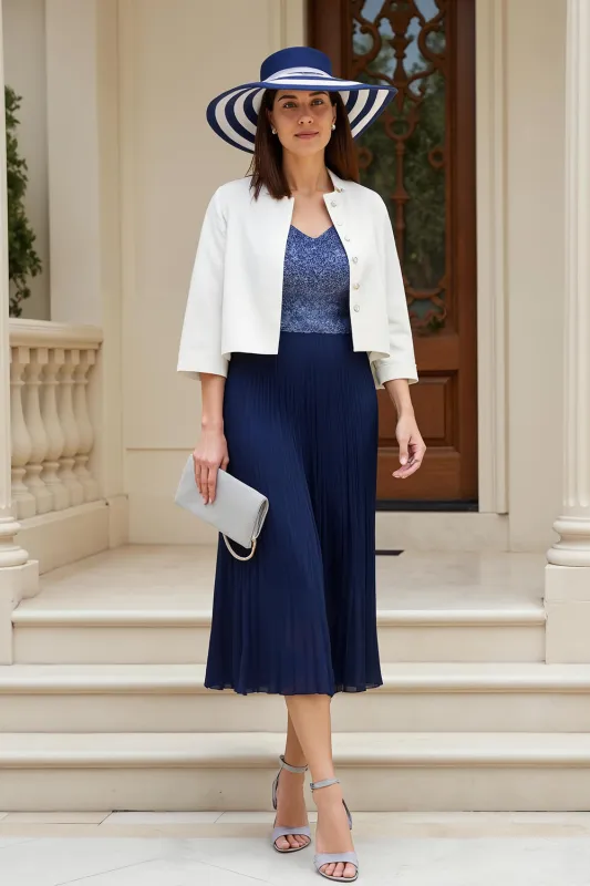 2 Piece Chiffon Midi Navy Mother of the Bride Dress with 3/4 Sleeves sold by Zapaka