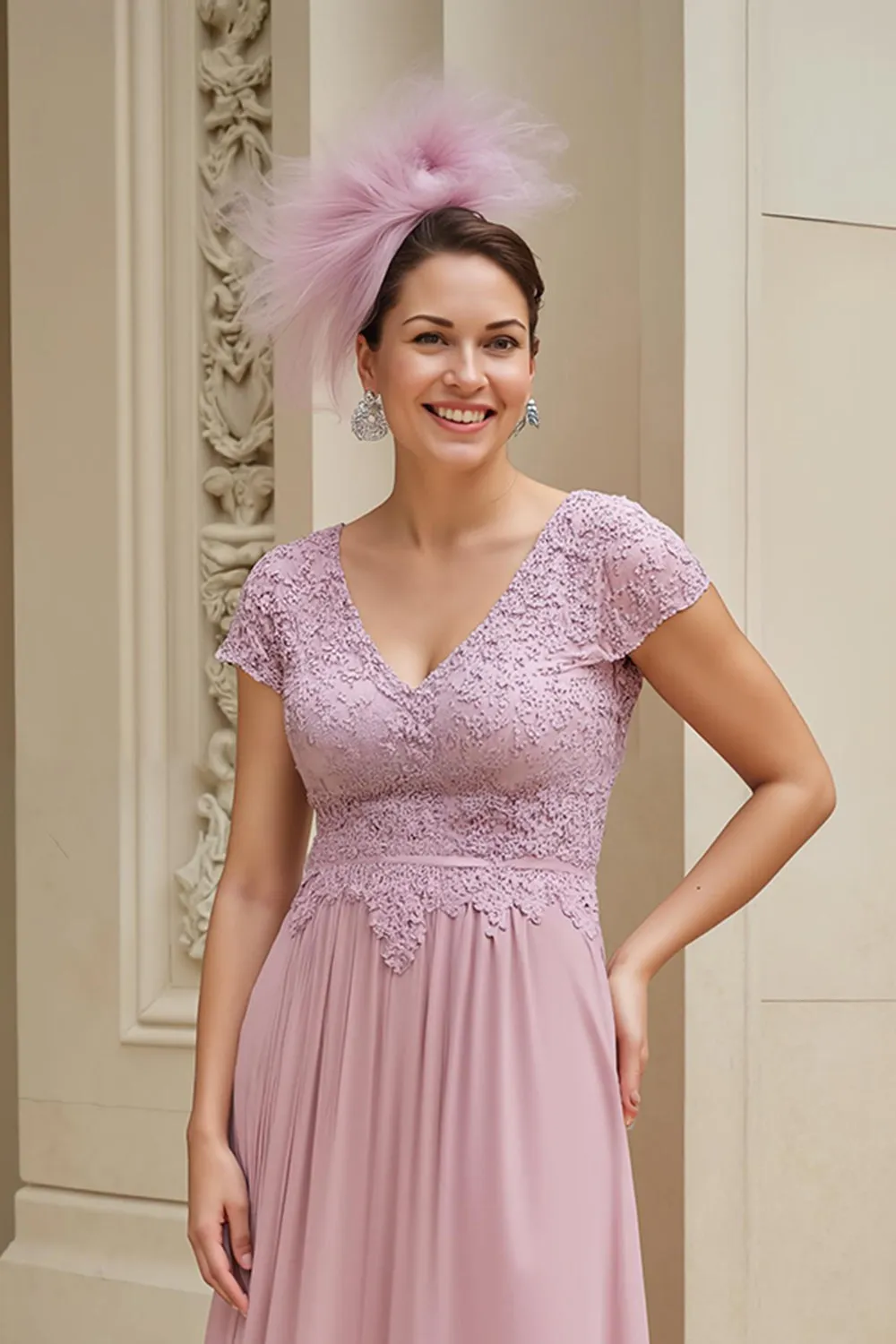 Dusty Rose A-Line V-Neck Long Mother of the Bride Dress with Lace sold by Zapaka product image thumbnail 3
