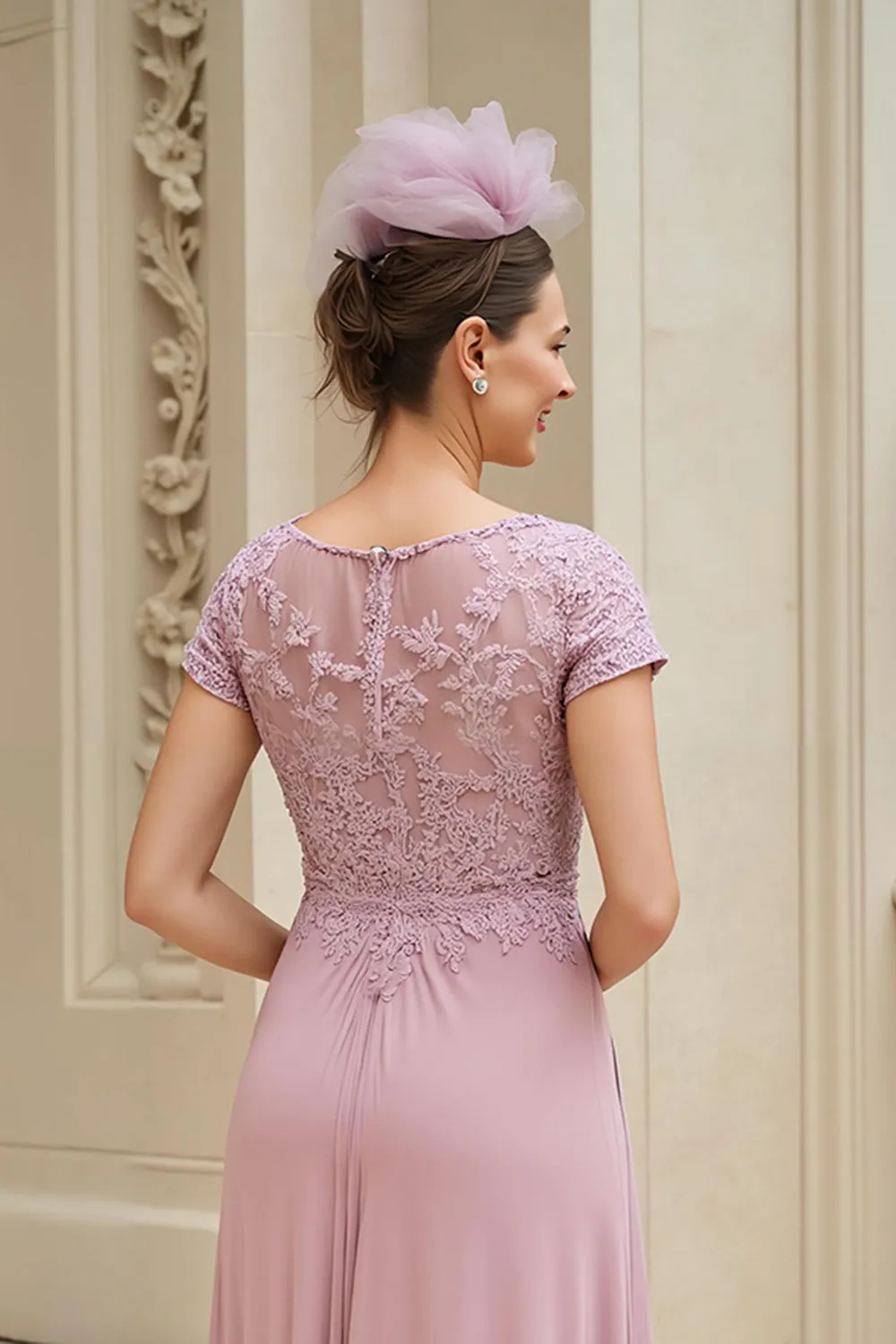 Dusty Rose A-Line V-Neck Long Mother of the Bride Dress with Lace sold by Zapaka product image thumbnail 4