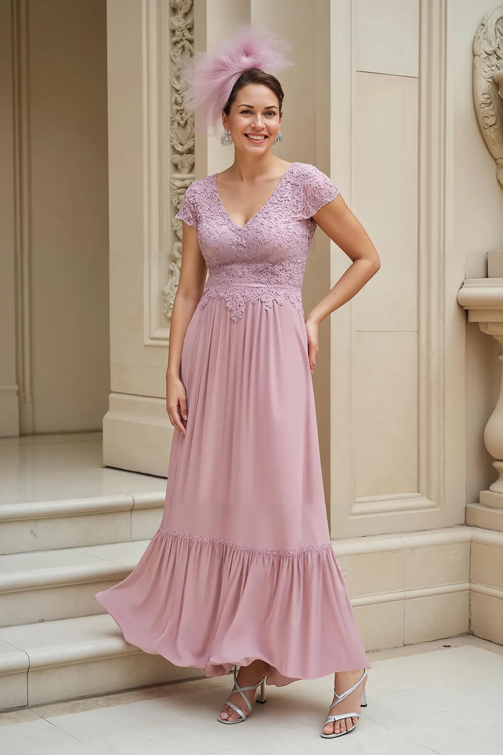 Dusty Rose A-Line V-Neck Long Mother of the Bride Dress with Lace sold by Zapaka