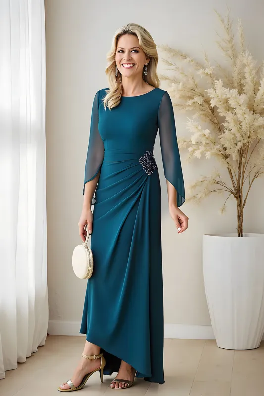 Peacock Blue Bateau Neck Ruched Puff Sleeves Chiffon Long Mother of the Bride Dress with Beading sold by Zapaka