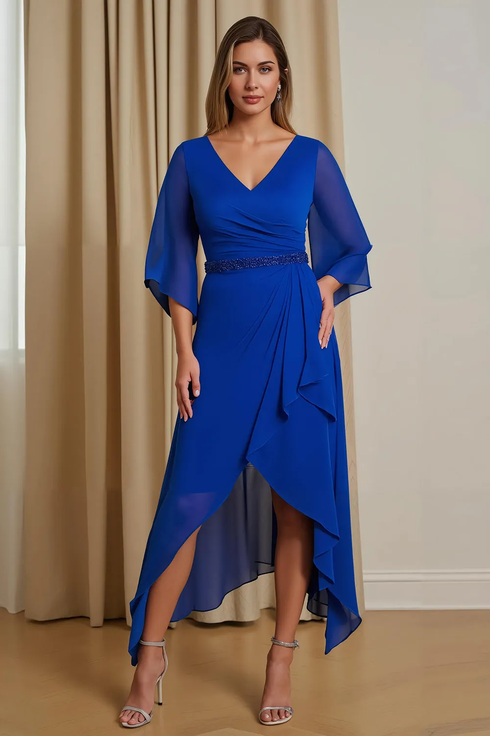 A-Line Royal Blue V-Neck 3/4 Sleeve Chiffon Mother of the Bride Dress with Ruffles sold by Zapaka
