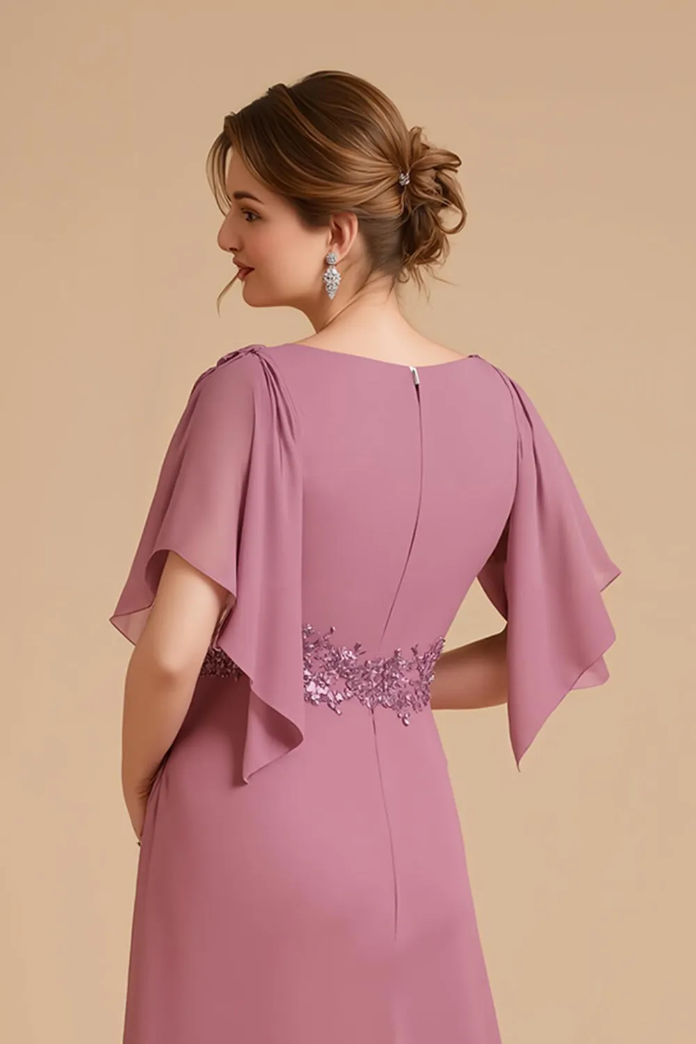 Dusty Rose A Line Flutter Sleeve Chiffon Wedding Guest Dress with Appliques sold by Zapaka product image thumbnail 4