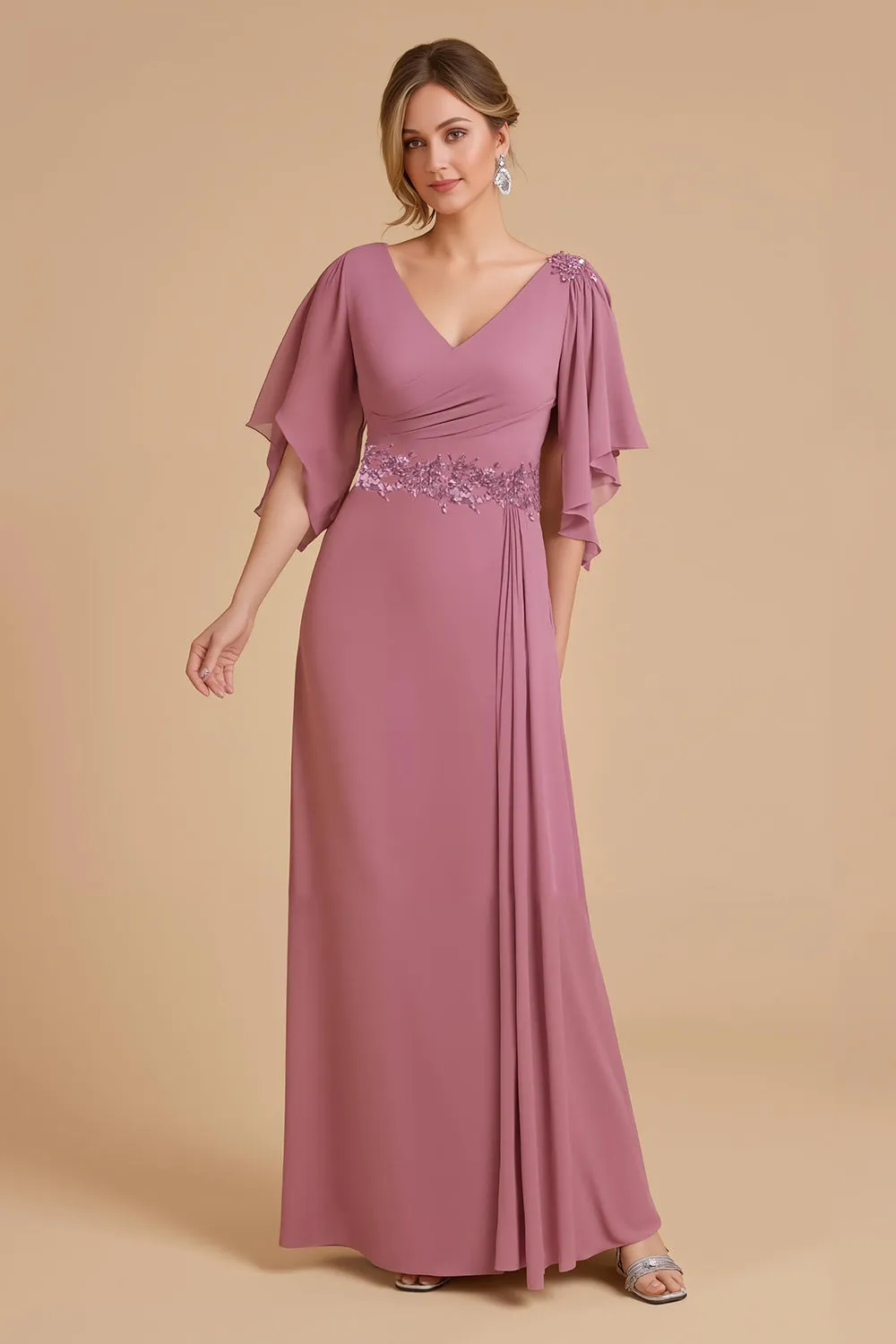 Dusty Rose A Line Flutter Sleeve Chiffon Wedding Guest Dress with Appliques sold by Zapaka