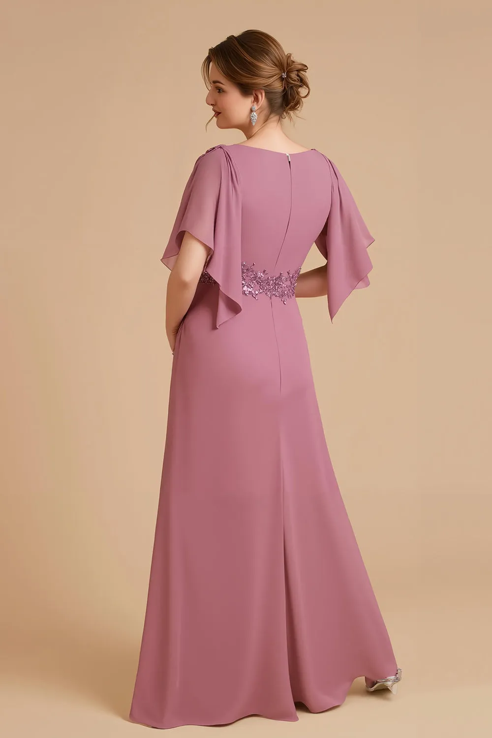 Dusty Rose A Line Flutter Sleeve Chiffon Wedding Guest Dress with Appliques sold by Zapaka product image thumbnail 2