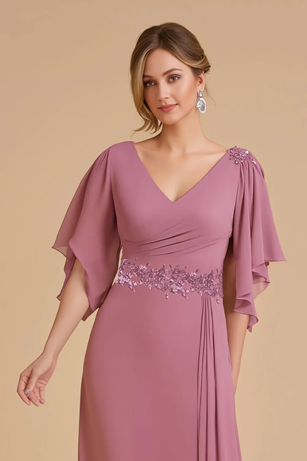 Dusty Rose A Line Flutter Sleeve Chiffon Wedding Guest Dress with Appliques sold by Zapaka product image thumbnail 3