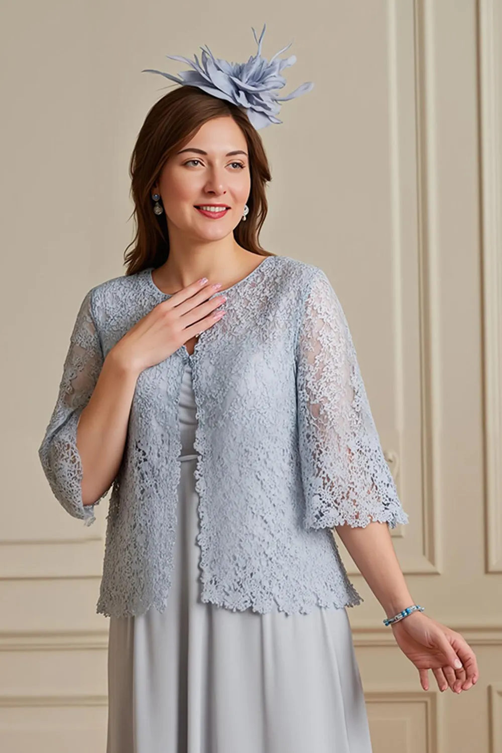 Silver A-Line Tiered Chiffon Lace Coat 2 Piece Mother of the Bride Dress sold by Zapaka product image thumbnail 3