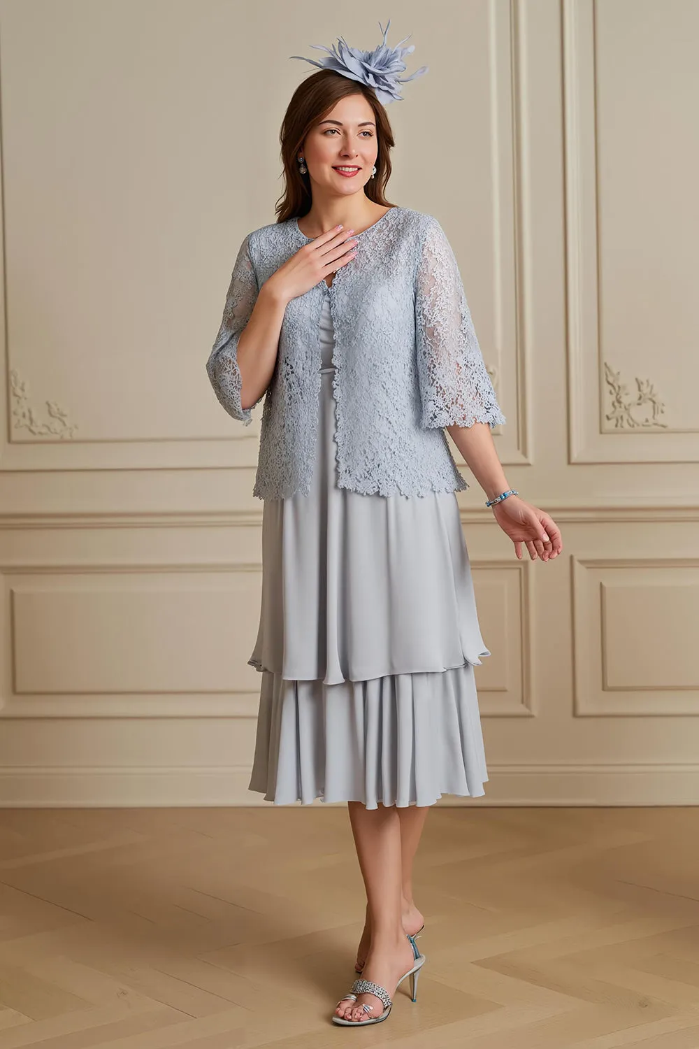 Silver A-Line Tiered Chiffon Lace Coat 2 Piece Mother of the Bride Dress sold by Zapaka