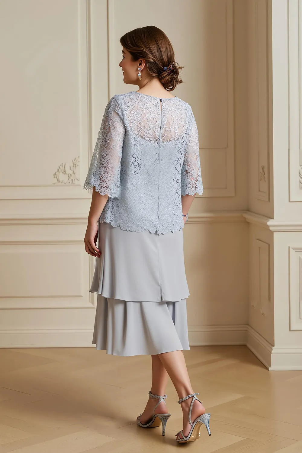 Silver A-Line Tiered Chiffon Lace Coat 2 Piece Mother of the Bride Dress sold by Zapaka product image thumbnail 2