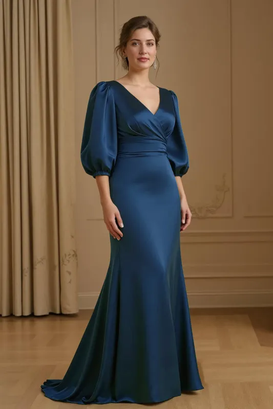 Mermaid Satin V Neck Navy Wedding Guest Dress with 3/4 Sleeves sold by Zapaka