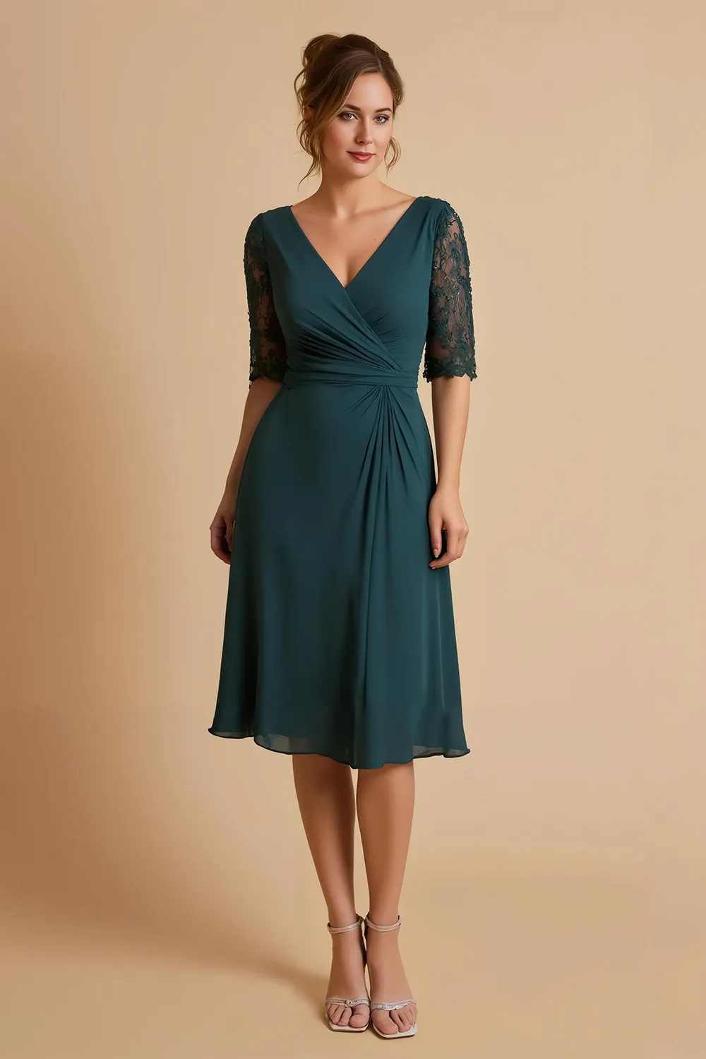 Pine V Neck Chiffon Half Sleeve Midi Mother of the Bride Dress sold by Zapaka