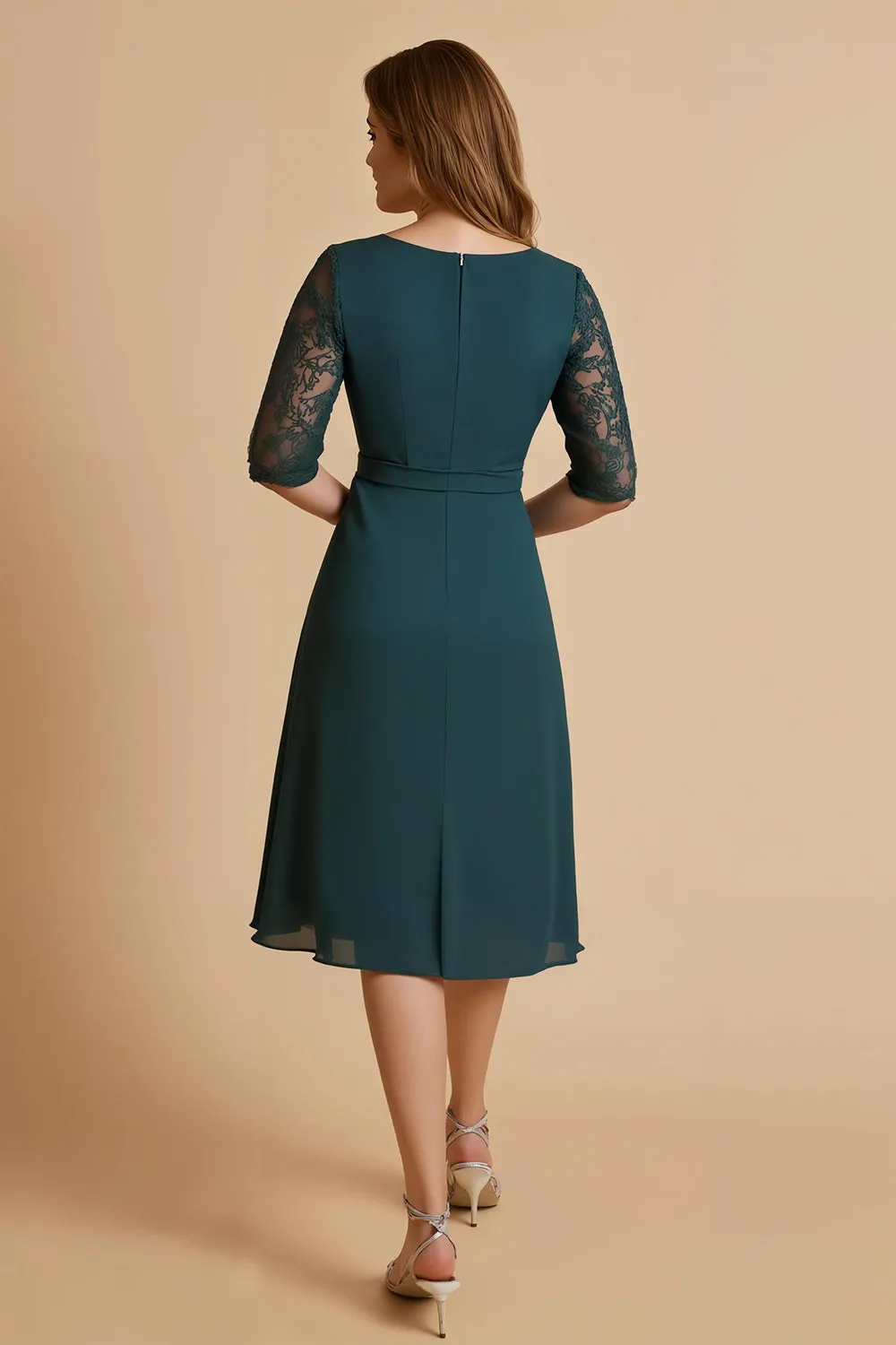 Pine V Neck Chiffon Half Sleeve Midi Mother of the Bride Dress sold by Zapaka product image thumbnail 2