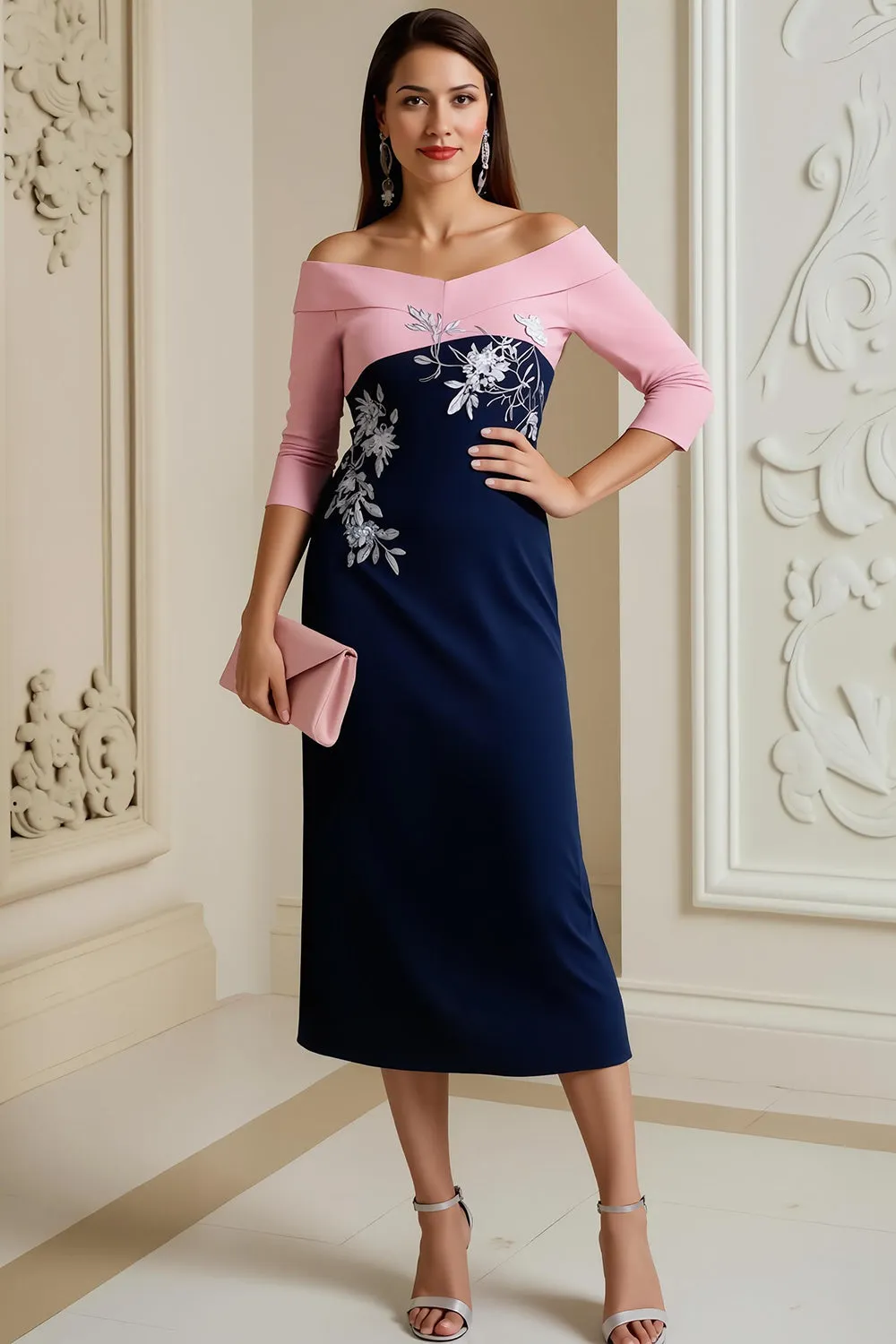 Navy Off The Shoulder 3/4 Sleeve Mother of the Bride Dress with Lace Appliques sold by Zapaka