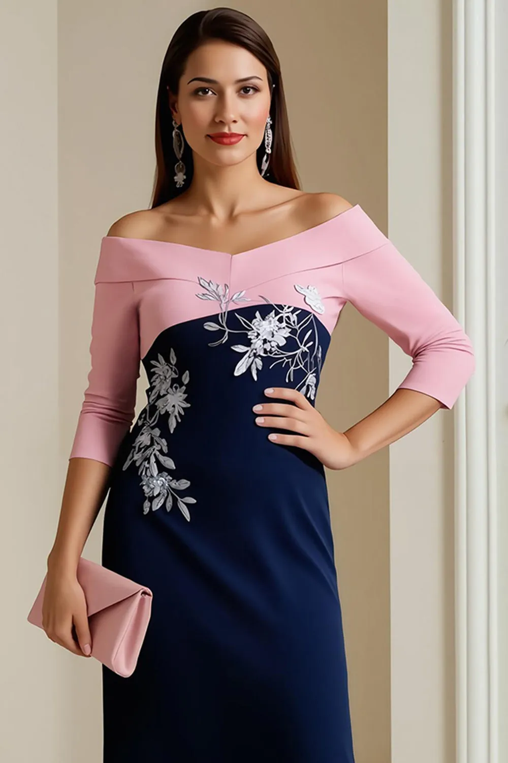 Navy Off The Shoulder 3/4 Sleeve Mother of the Bride Dress with Lace Appliques sold by Zapaka product image thumbnail 3