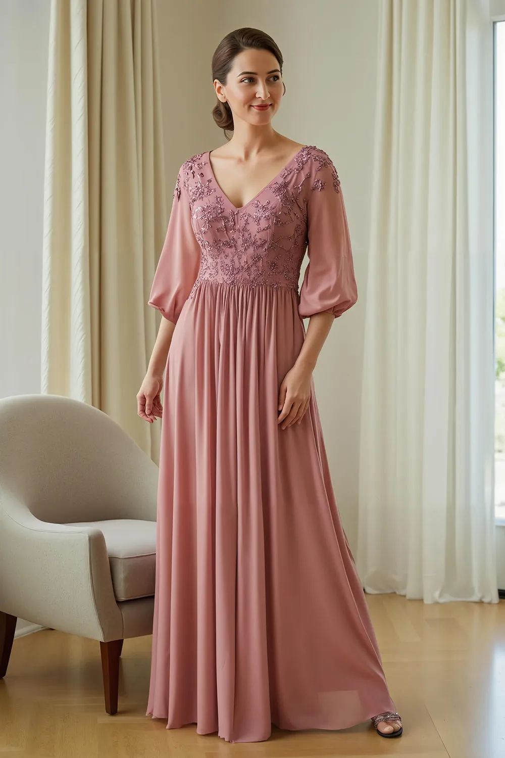 Dusty Rose Chiffon Mother of the Bride Dress with Appliques sold by Zapaka