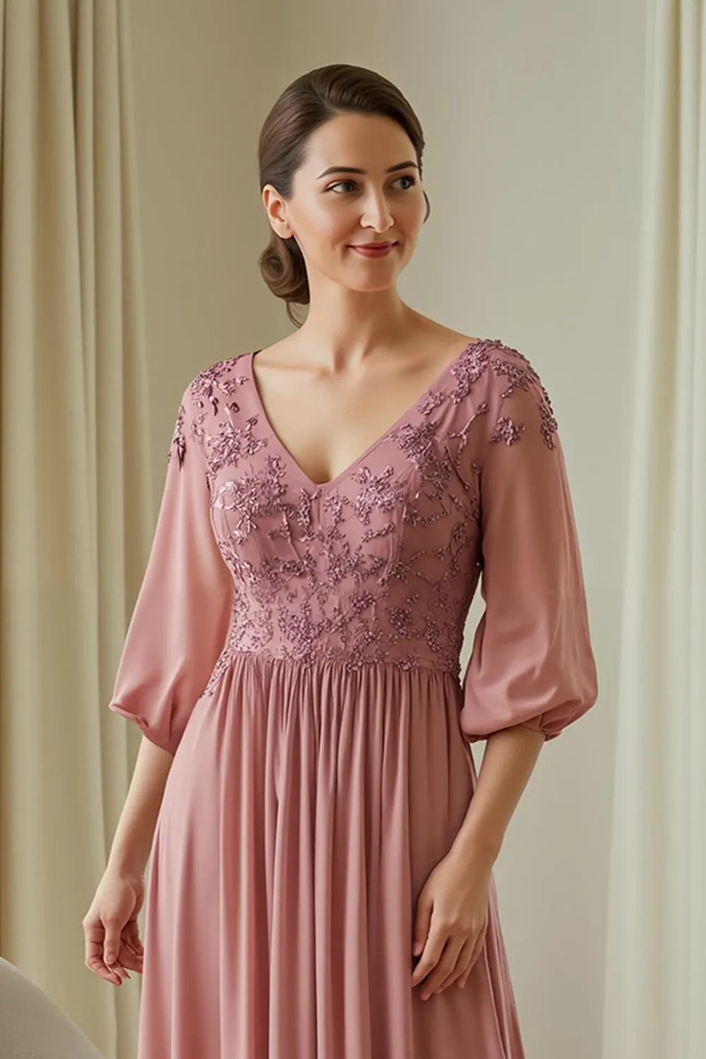 Dusty Rose Chiffon Mother of the Bride Dress with Appliques sold by Zapaka product image thumbnail 3