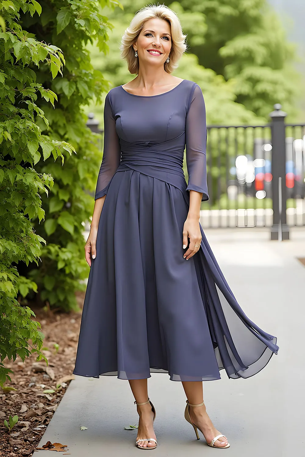 Elegant Grey A Line Chiffon Boat Neck Midi Mother of the Bride Dress sold by Zapaka