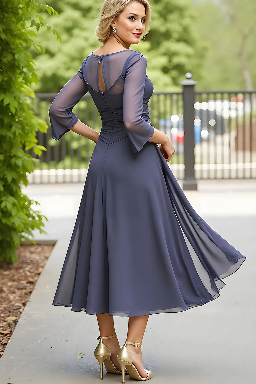 Elegant Grey A Line Chiffon Boat Neck Midi Mother of the Bride Dress sold by Zapaka product image thumbnail 2