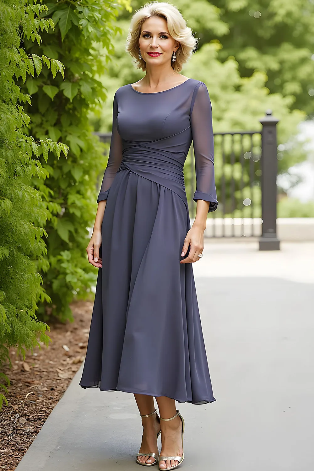 Elegant Grey A Line Chiffon Boat Neck Midi Mother of the Bride Dress sold by Zapaka product image thumbnail 3