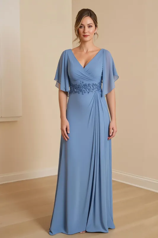 Dusty Blue A Line V Neck Chiffon Mother of the Bride Dress with Appliques sold by Zapaka