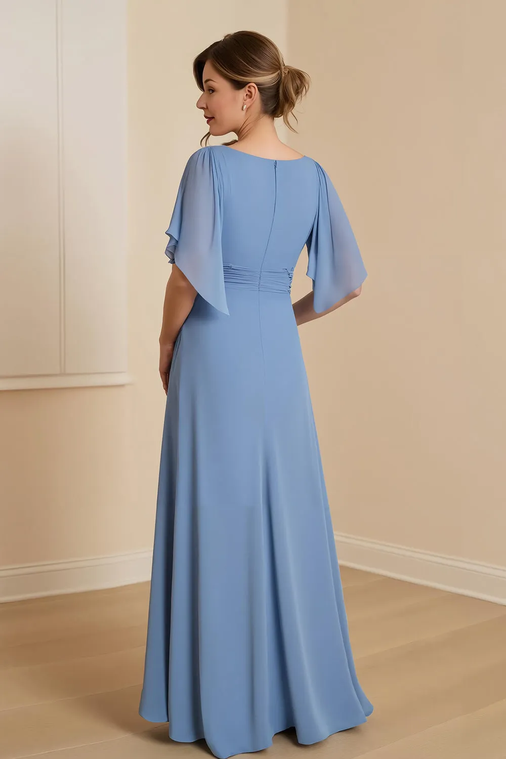 Dusty Blue A Line V Neck Chiffon Mother of the Bride Dress with Appliques sold by Zapaka product image thumbnail 2