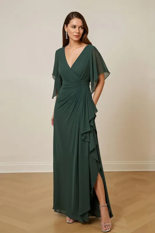 Dark Green Ruched Mother of the Bride Dress with Flutter Sleeves sold by Zapaka