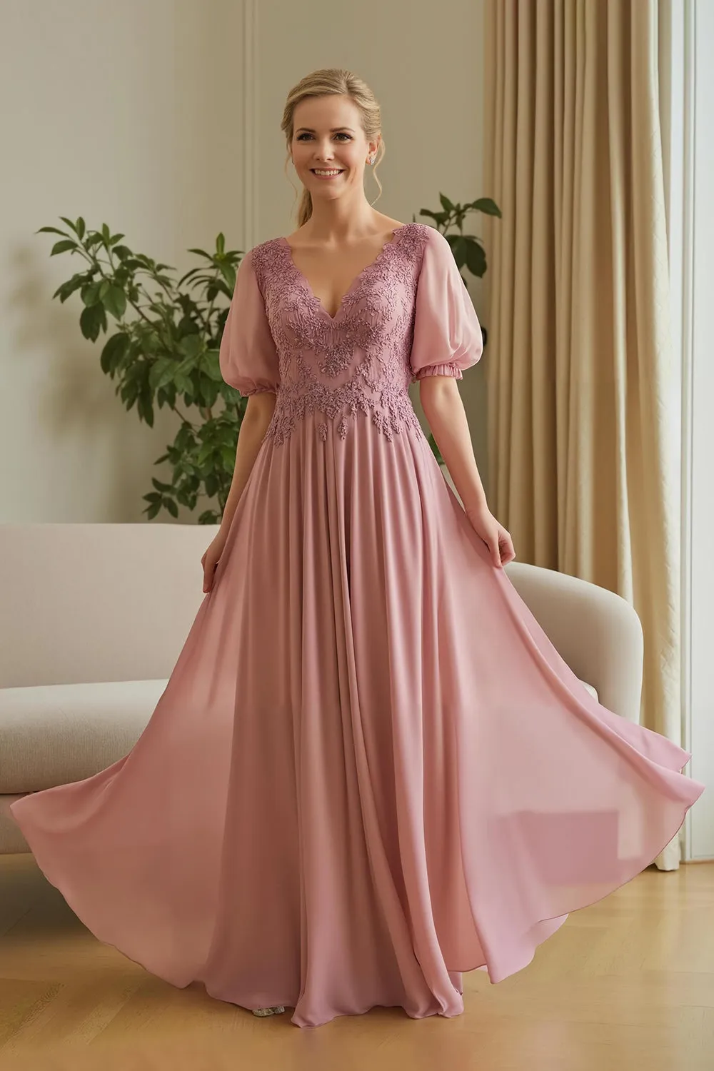 Dusty Rose Chiffon Appliqued A Line Mother of the Bride Dress with Puff Sleeves sold by Zapaka