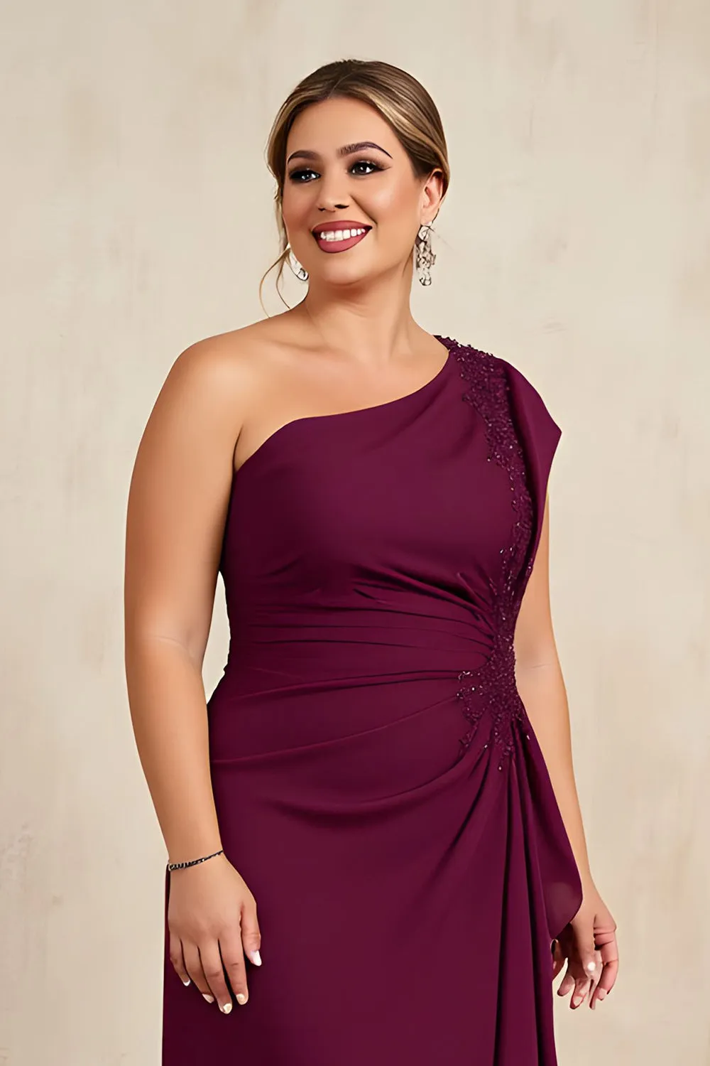 One Shoulder Burgundy Chiffon Mother of the Bride Dress with Appliques sold by Zapaka product image thumbnail 3