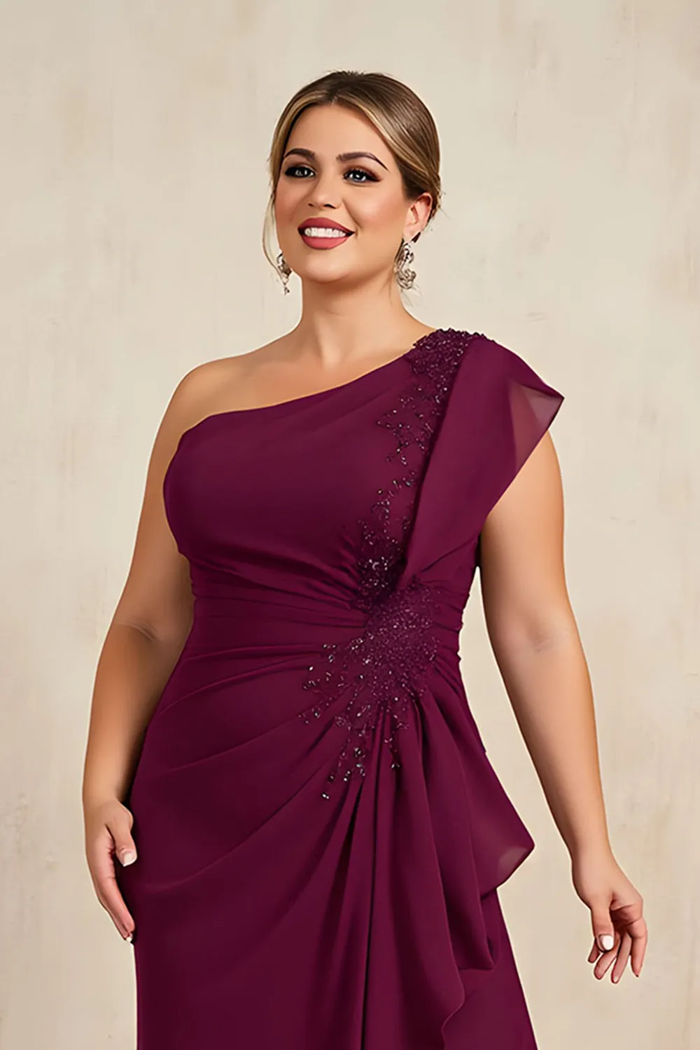 One Shoulder Burgundy Chiffon Mother of the Bride Dress with Appliques sold by Zapaka product image thumbnail 4