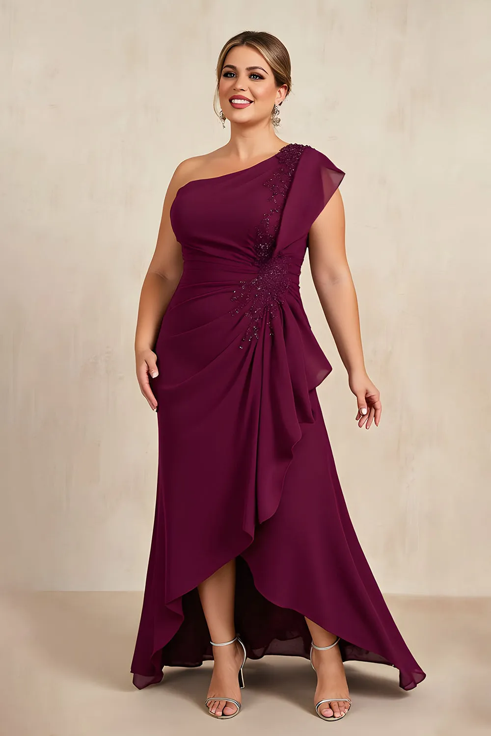 One Shoulder Burgundy Chiffon Mother of the Bride Dress with Appliques sold by Zapaka